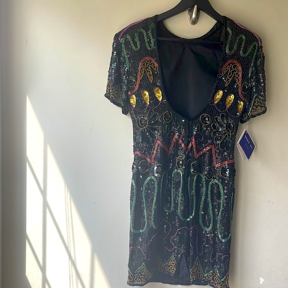 VINTAGE RARE SWEE LO 80s Christmas NYE 100% Silk Beaded Sequined Party Dress - Picture 2 of 16